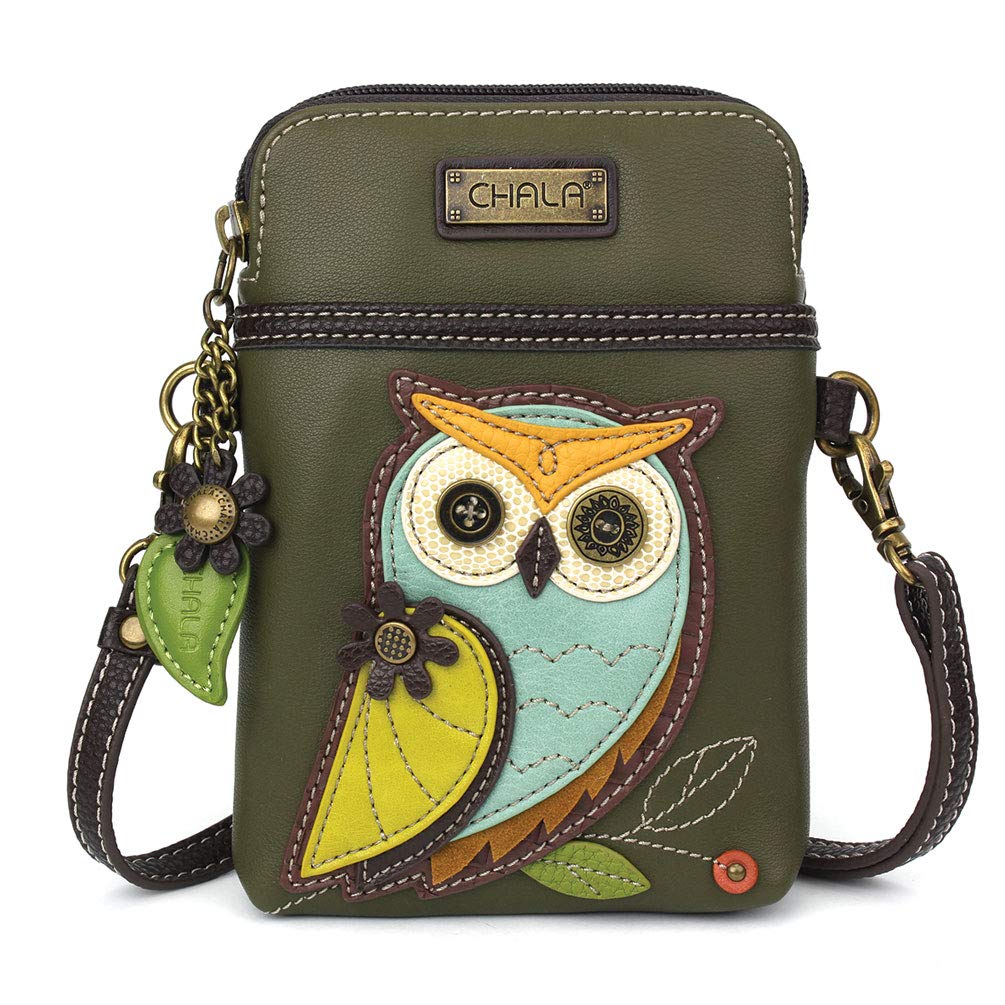 CHALA Bird Collection Cell Phone Crossbody Purse-Women PU Leather/Canvas Multicolor Handbag with Adjustable Strap - Owl A - olive
