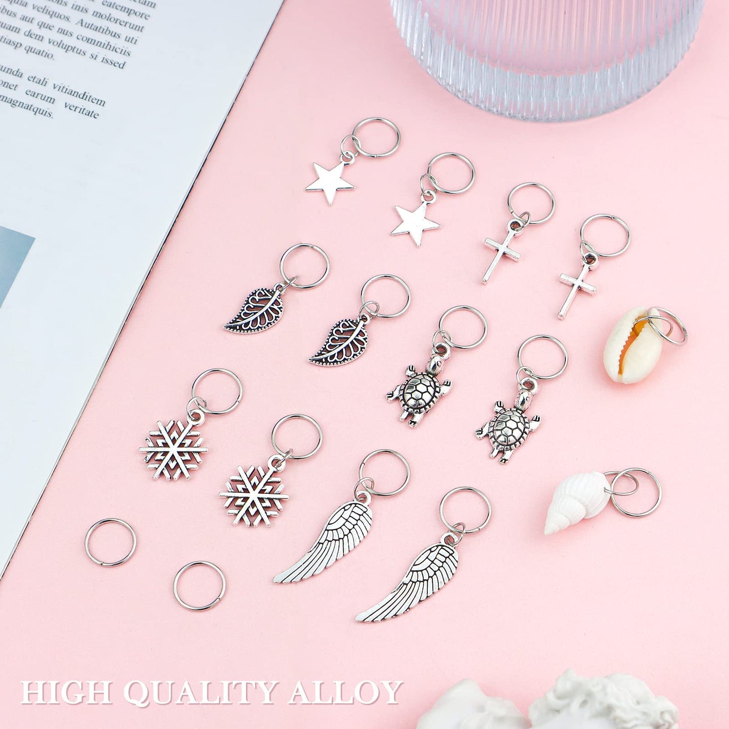 JIALEEY Hair Braid Rings, 50PCS Hair Loops Clips Silver Ring Shell Leaves Star Conch Snowflake Pendant Charms Set Hair Clip Headband Accessories