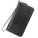 Lavemi Women's RFID Blocking 100% Leather Large Capacity Zip Around Wallet Phone Holder Clutch Travel Purse Wristlet(Large Size Pebble Black)