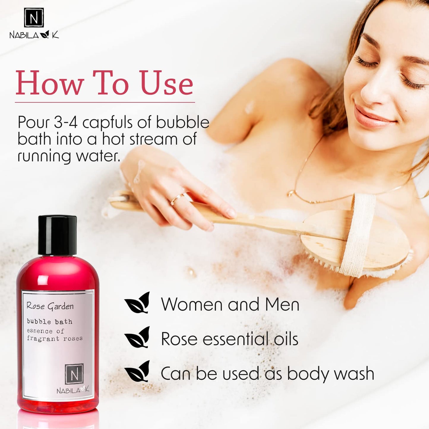 Rose Garden Bubble Bath by Nabila K - Essential Oils with Natural Ingredients for Sensitive Skin, Tear-Free, Gentle, Moisturizing - Luxury for Women