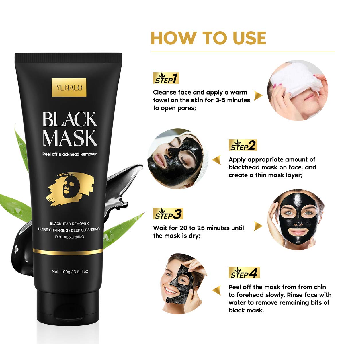 YLNALO Blackhead Remover Mask Kit, Charcoal Peel Off Facial Mask with Brush and Pimple Extractors, Deep Cleansing for Face Nose Blackhead Pores Acne