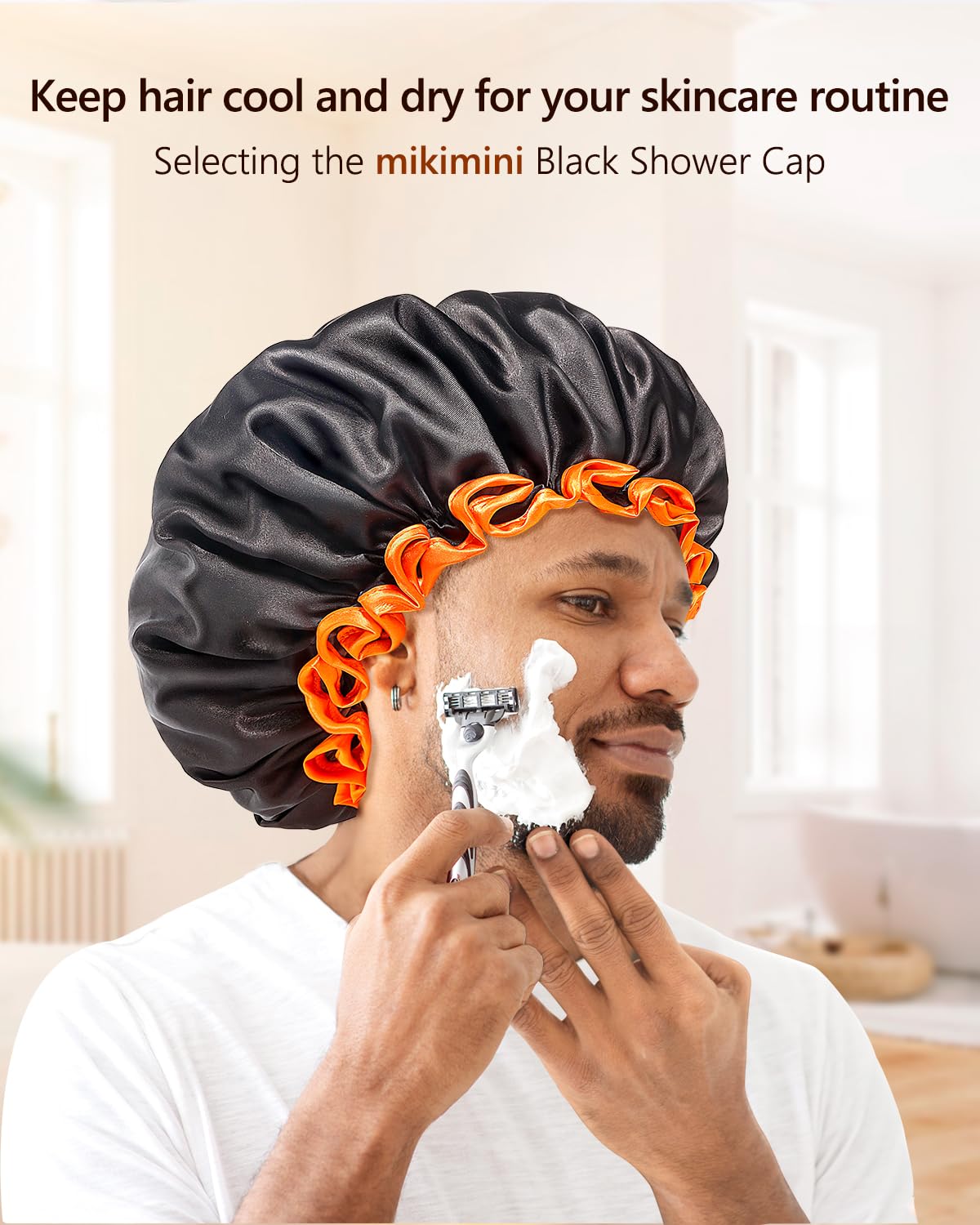 mikimini Large Shower Cap for Women Long Hair, Black, Reusable Waterproof Double Layers XL Washable Colorfast Odorless High-Quality Shower Cap for Men