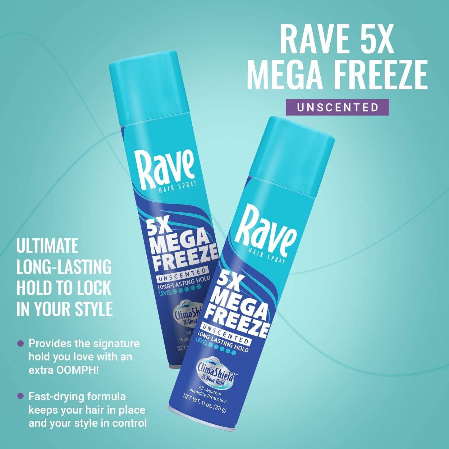 Rave 5X Mega Freeze Unscented Aerosol Hairspray by Rave - Heat Protection, Long Lasting Firm Hold - Minimizes Frizz and Static - 4 pc