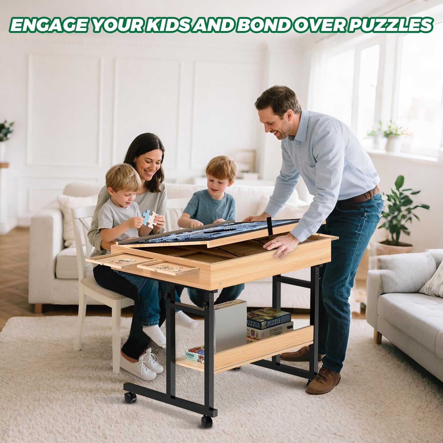 Large Puzzle Table with Drawer – Adjustable Height & Angle Wooden Board for 300-1500 Piece Jigsaws, Felt Cover, Shelf & Wheels