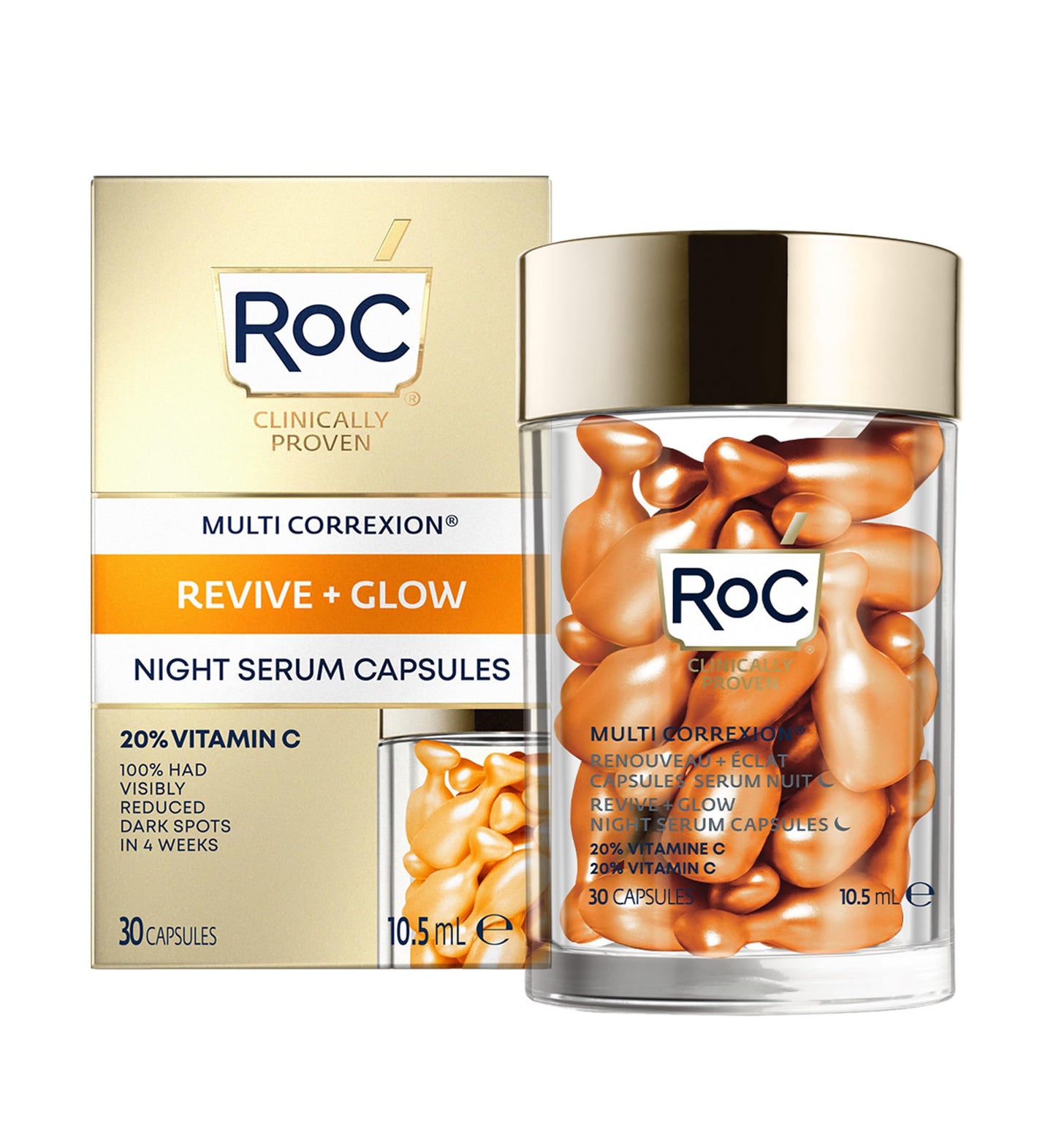 RoC Multi Correxion Revive + Glow 20% Pure Vitamin C Night Serum Capsules for Brightening, Dark Spots, and Texture, 30 count