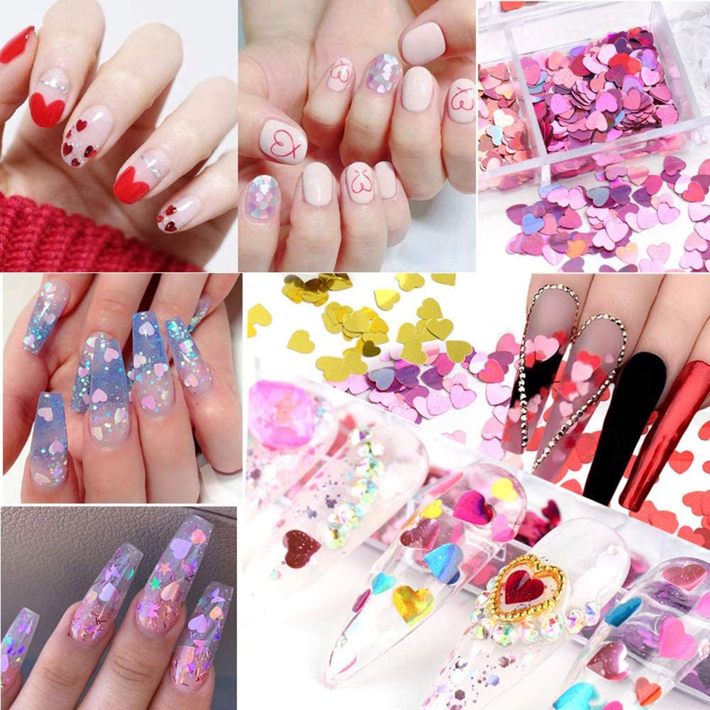 12 Colors Heart Holographic Nail Glitter Sequin Accessories Colorful 3D Heart Nail Flakes Powder UV Gel Polish Acrylic Design for Women Girls Manicure