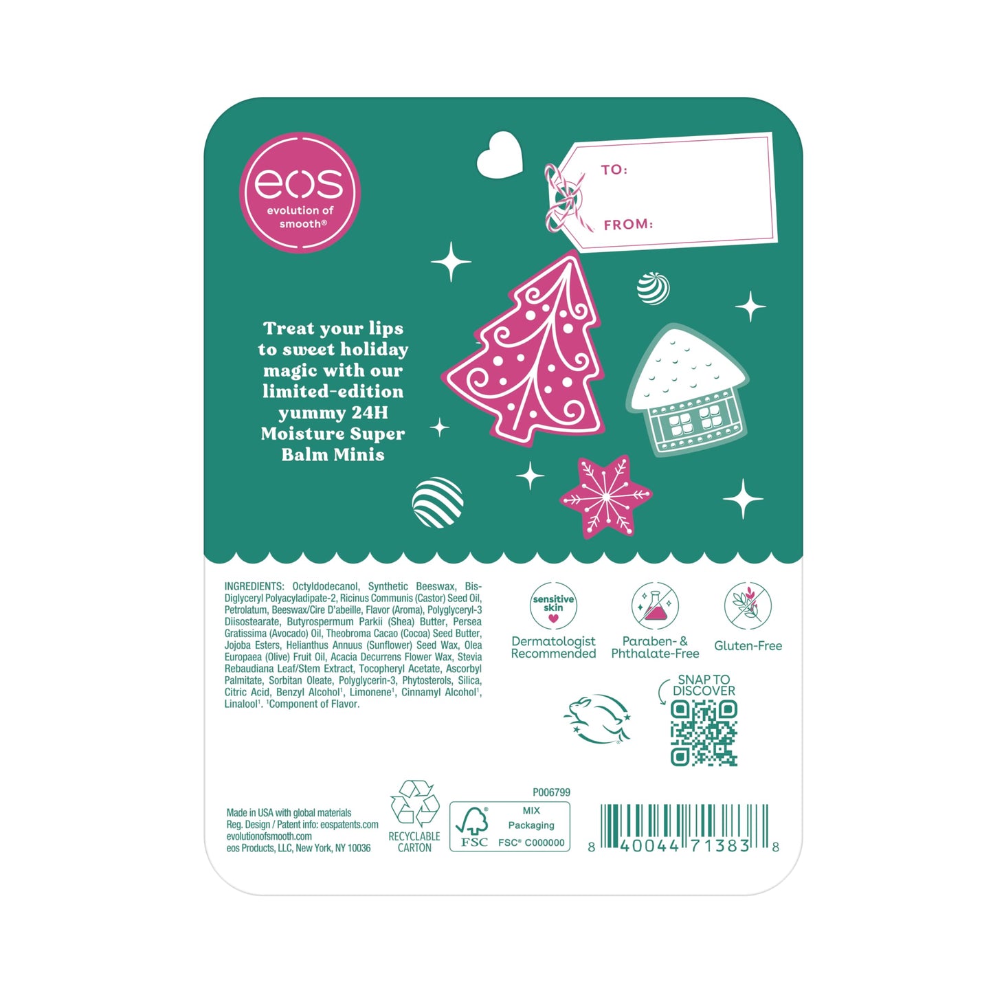 eos Holiday 24H Moisture Mini Super Balm Set- Speculoos Cookie Butter, Iced Gingerbread, Vanilla Cake Batter, Limited-Edition Lip Care, Stocking