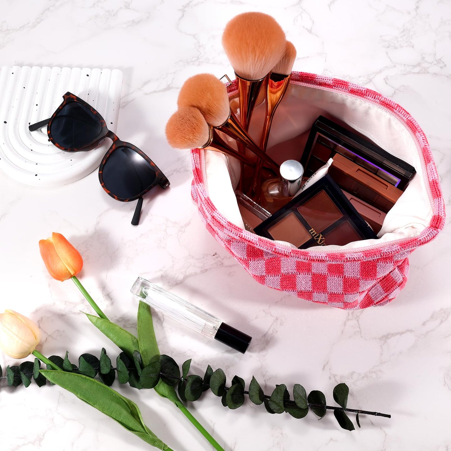 ZLFSRQ 2Pcs Checkered Makeup Bag Set – Large & Small Cosmetic Travel Toiletry Pouches for Women, Cute Preppy Pink Zipper Bags