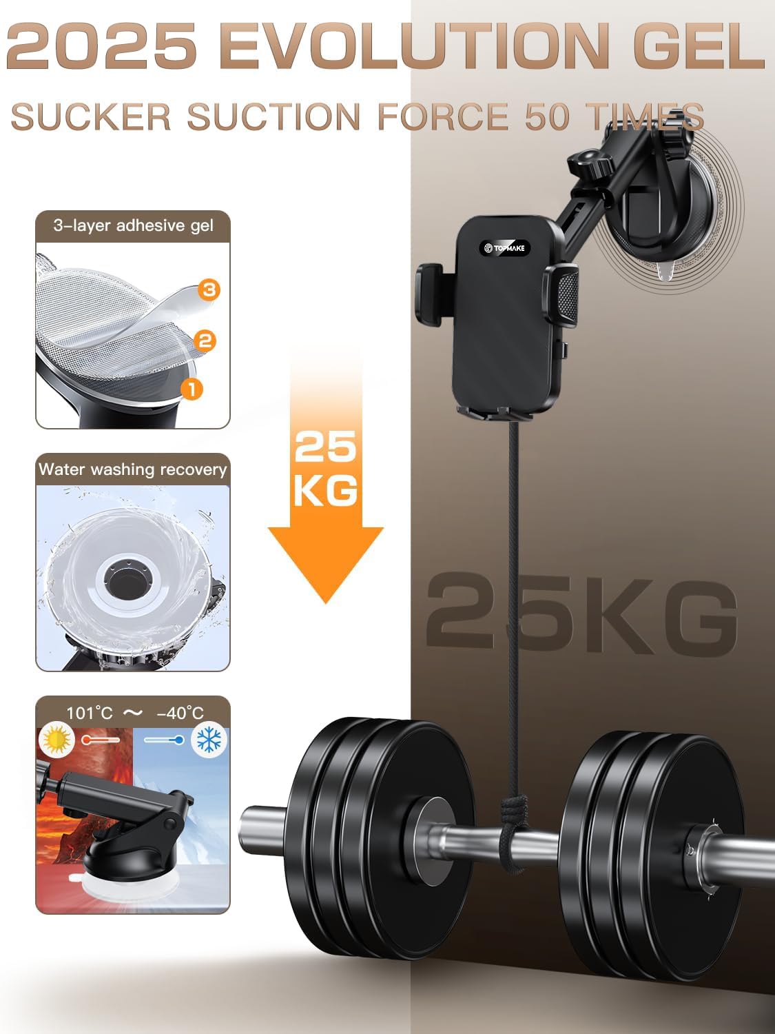 Topmake Car Phone Holder Mount,【2025 Upgrade】 3-in-1 Cell Phone Holder for Car, Dashboard Windshield, Suction Cup Hands-Free Car Phone Stand…