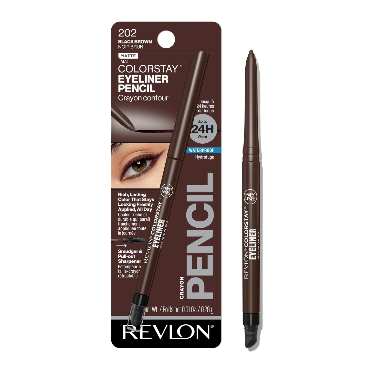 Revlon ColorStay Pencil Waterproof Eyeliner, Smudge-Proof, Eye Makeup with Built-In Sharpener, Stocking Stuffer for Women, 202 Black Brown, 0.01 oz