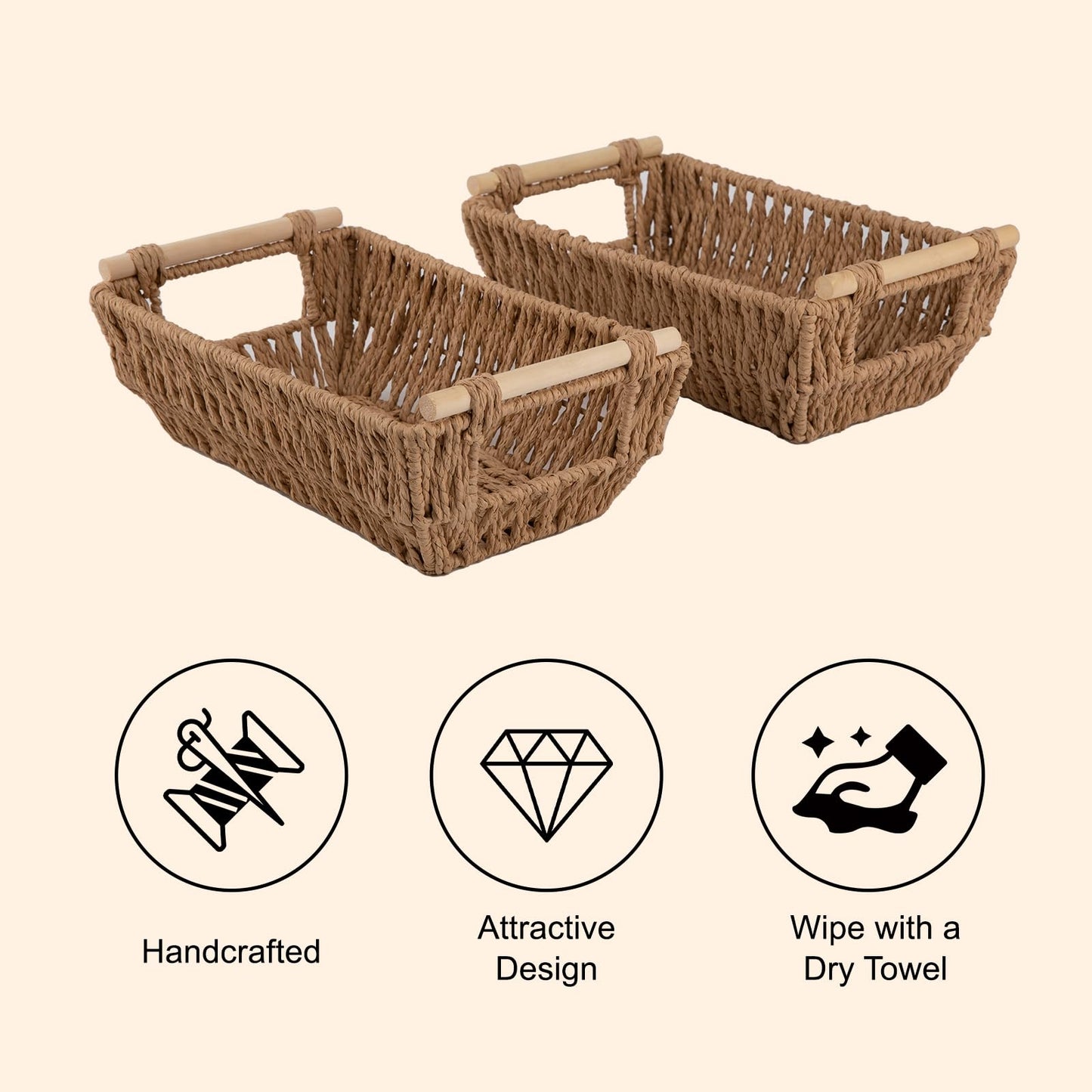 OIAHOMY Small Storage Baskets, Paper Rope Wicker Organizers with Wooden Handles, Baskets for Organizing, 2-Pack, Yellow