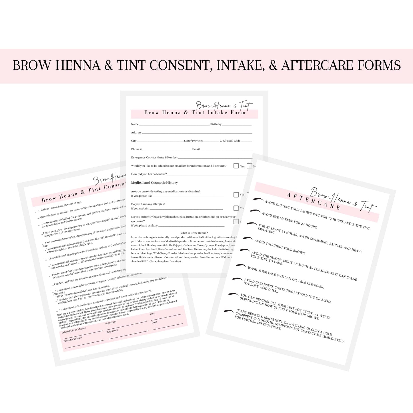 Brow Henna and Tint Intake Forms, Consent, and Aftercare Instruction Cards | 75 pk, 25 of Each | for Client Signature Medical History Information