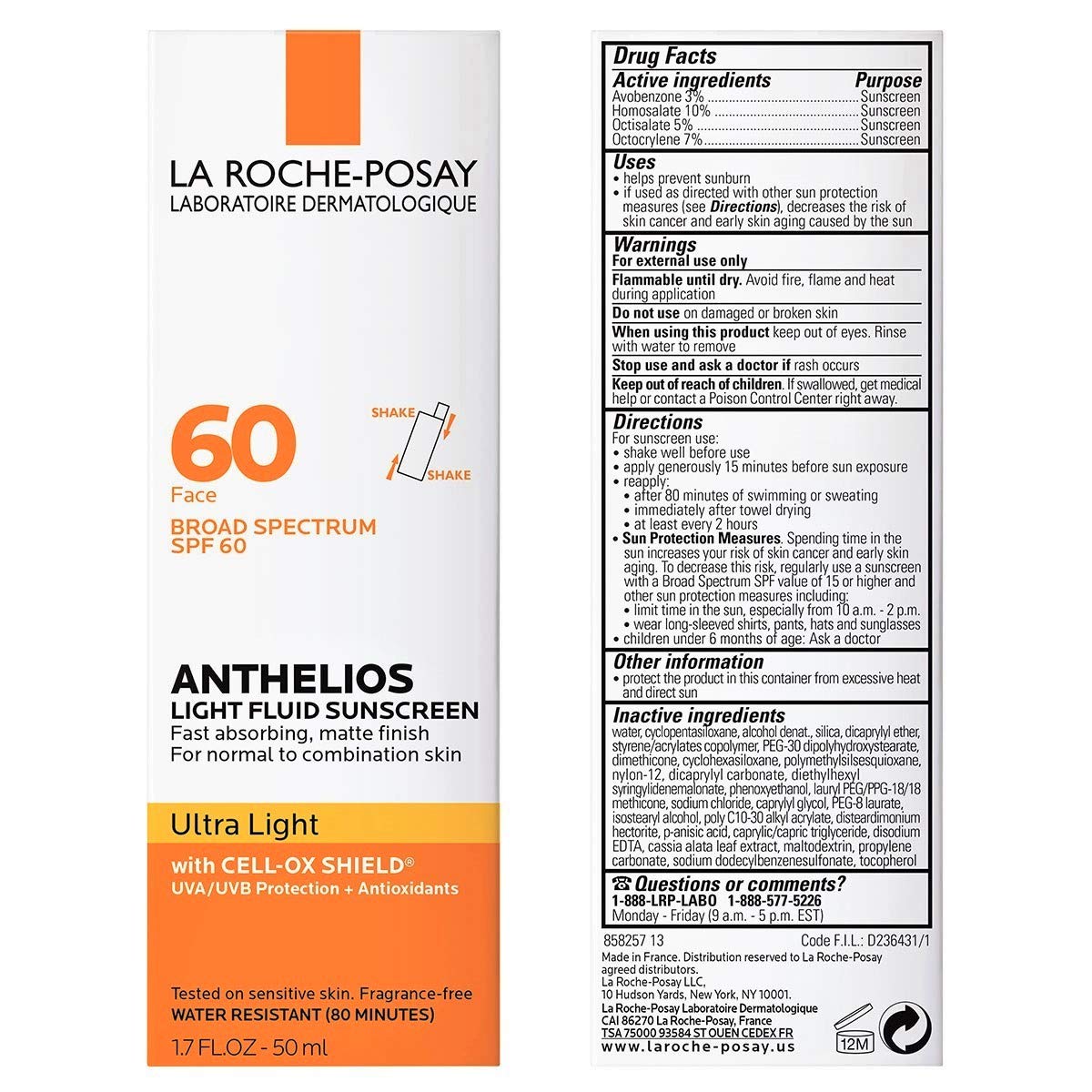 La Roche-Posay Anthelios Light Fluid Facial Sunscreen SPF 60, Lightweight Sunscreen For Face, Fluid Texture, Broad Spectrum SPF + Antioxidants, Oil