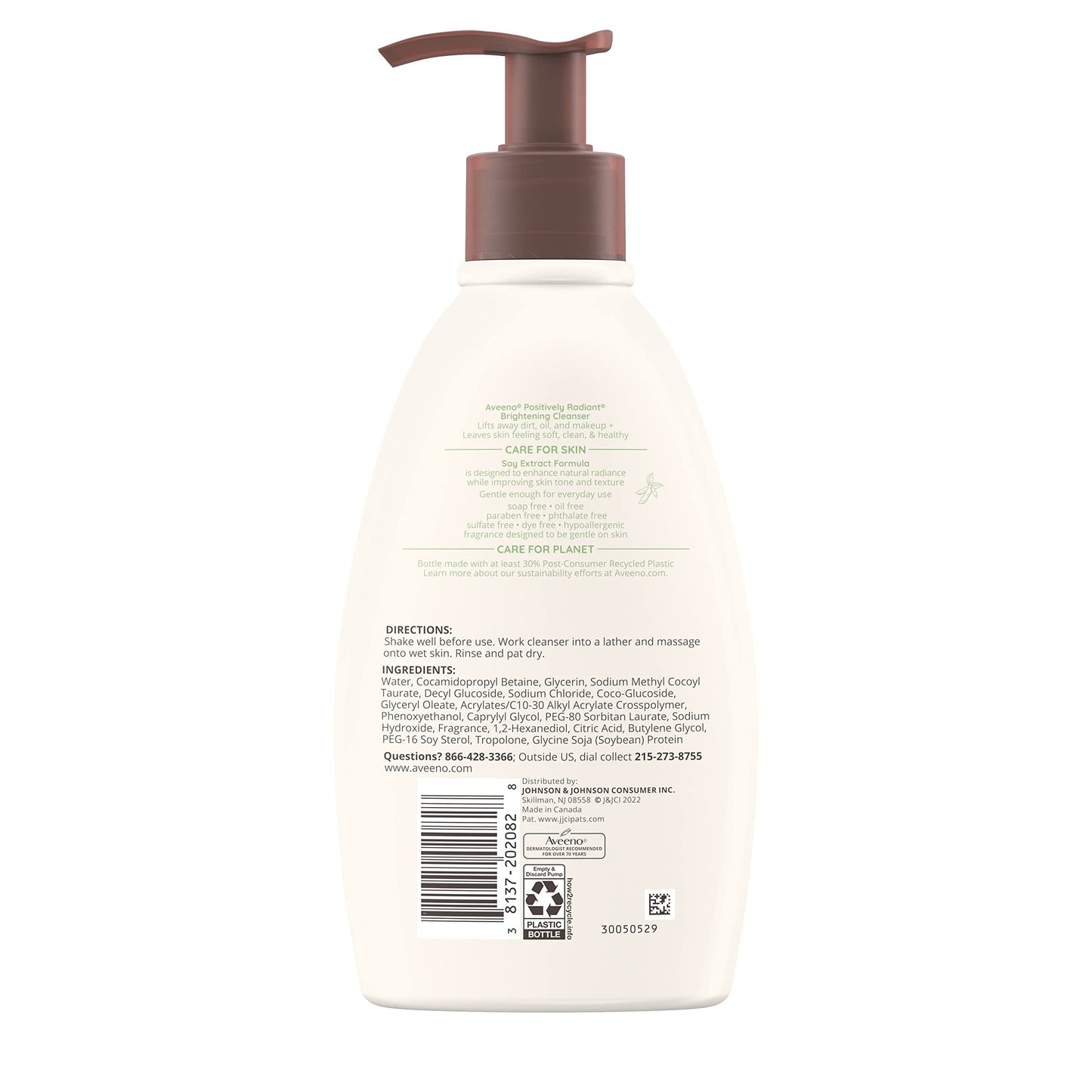 Aveeno Positively Radiant Brightening Facial Cleanser 11 oz – Moisture-Rich Soy Extract, Gentle for Sensitive Skin, Non-Comedogenic & Hypoallergenic