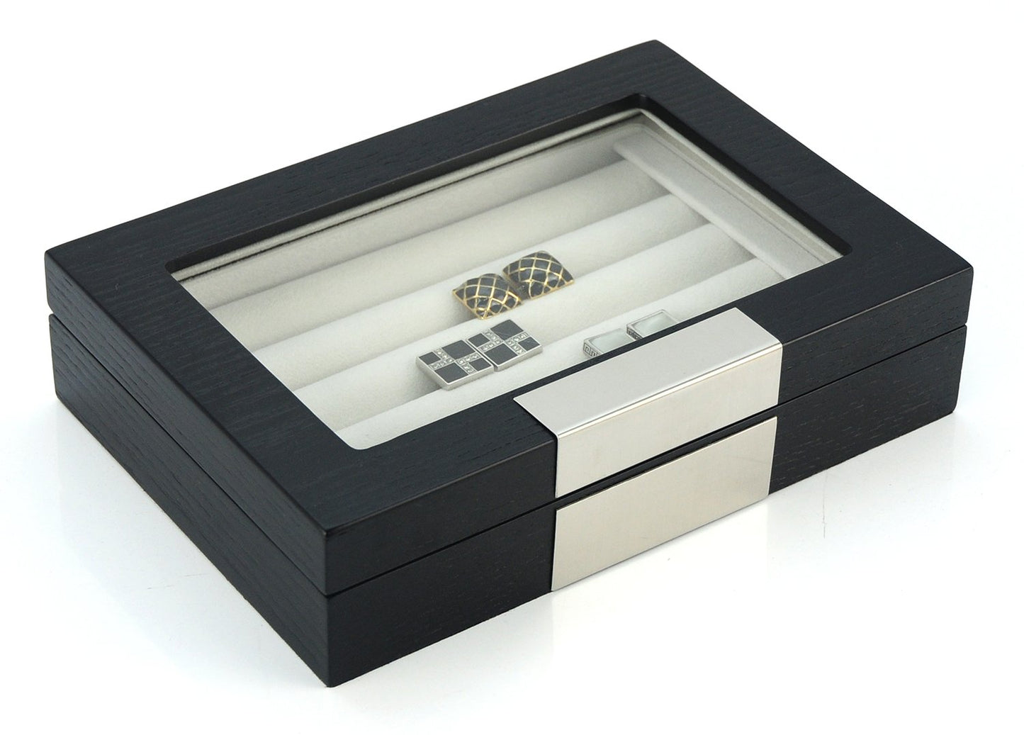 TIMELYBUYS Black Ebony Wood Cufflink Case & Ring Storage Organizer with Stainless Steel Engravable Design Accent Men's Jewelry Box for 20 Cufflinks