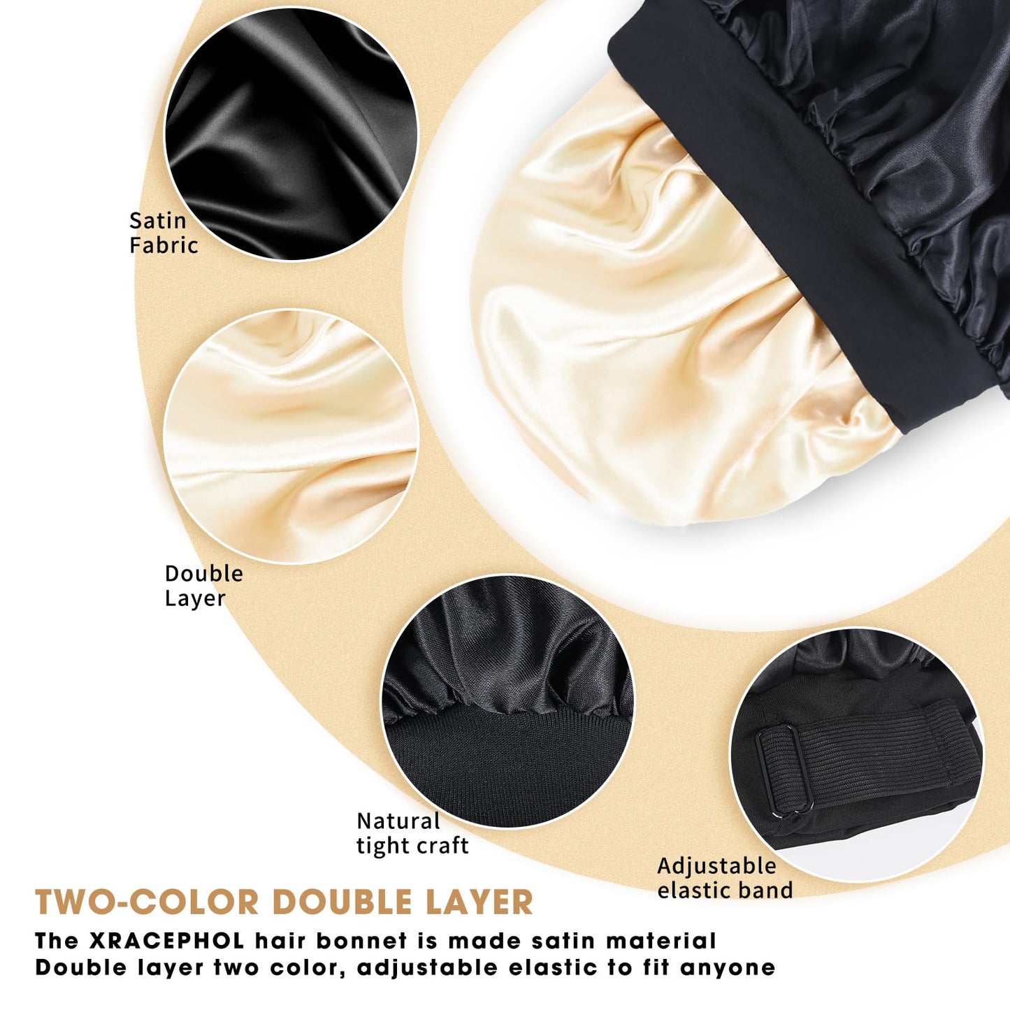 Silk Bonnet for Sleeping Double Layer Satin Bonnet Adjustable Bonnets for Black Women Sleep Cap Reversible Hair Bonnet for Curly Hair Hats(Black) Beauty and Personal Care XRACEPHOL