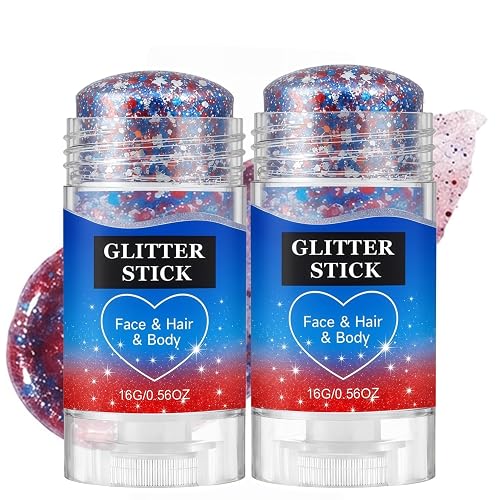 4th of July Glitter Stick, 2026 New Patriotic Hair Face Body Glitter Stick for Independence Memorial Day, Red White and Blue Body Glitter Stick Fourth
