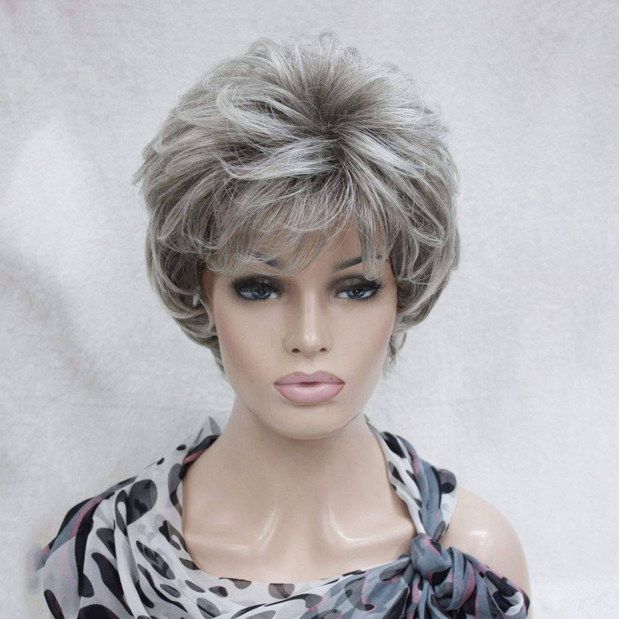 Lydell Women's Short Curly Wavy Wig Light Gray with Dark Root Synthetic Hair Full Wig 6 inches