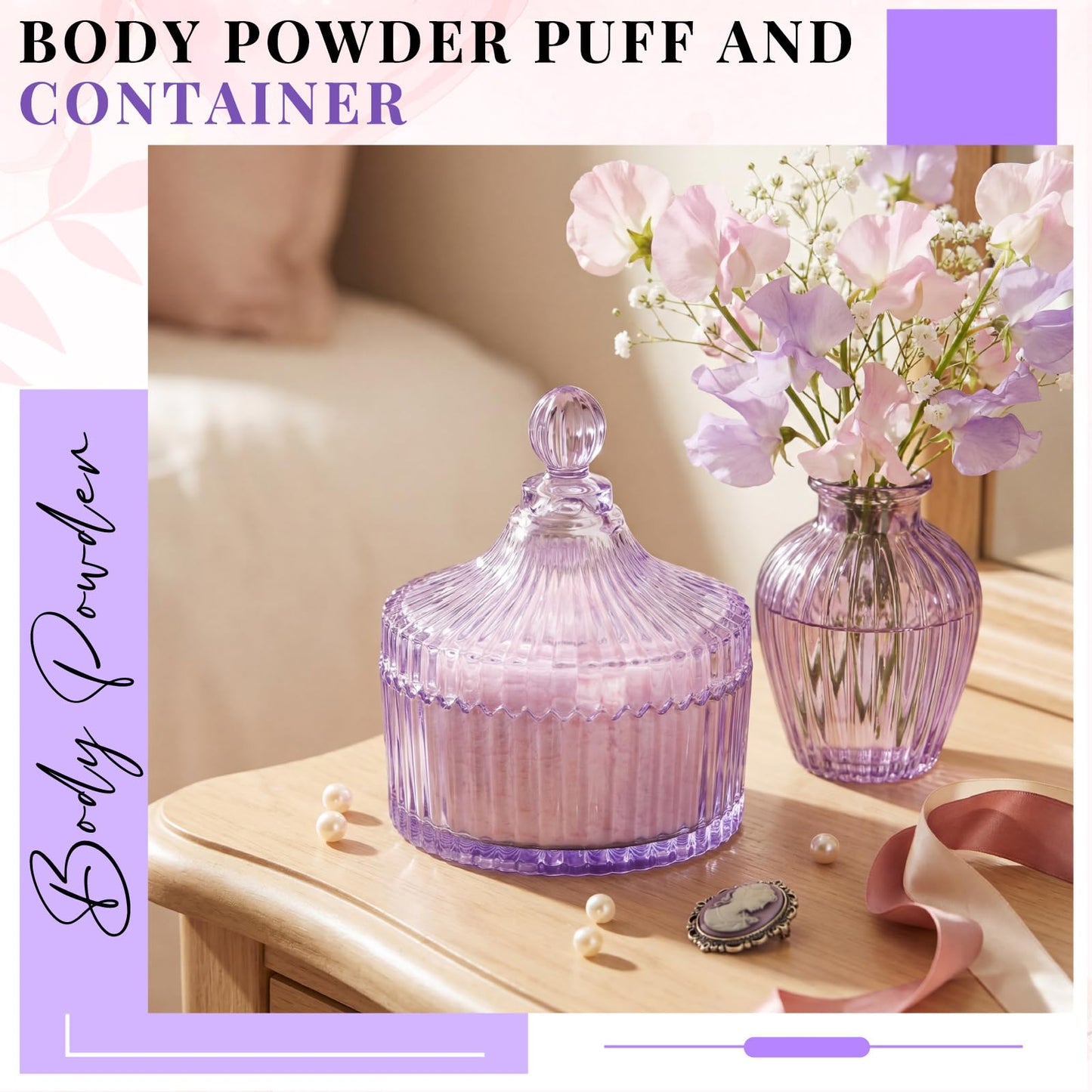 Tioncy 2 Pcs Extra Large Dusting Powder Puff and Container for Women-6'' Glass Crystal Dusting Powder Container with Body Soft Washable Reusable Beauty and Personal Care Tioncy