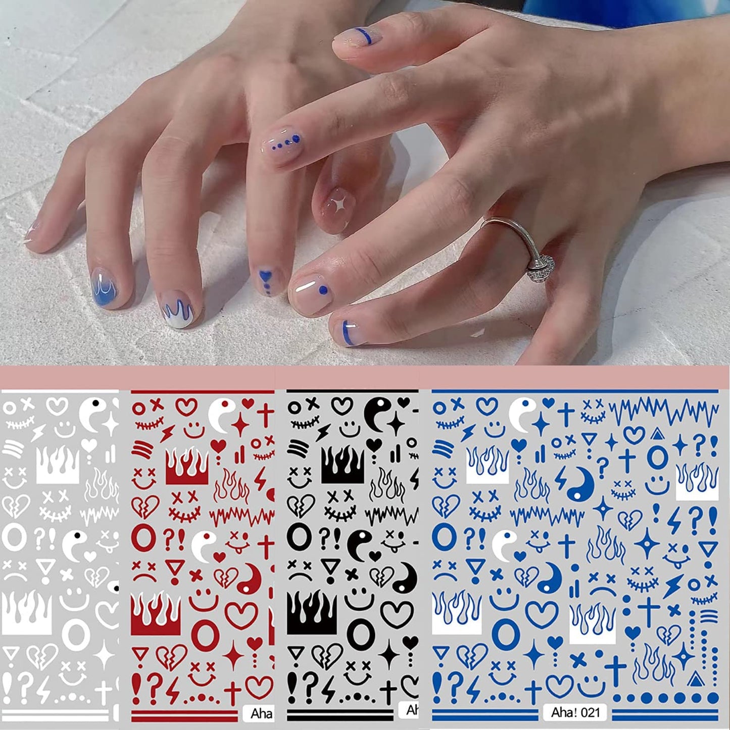 4 Sheets Klein Blue Flame Smile Face Nail Art Sticker Decals ins Minimalist Style Klein Blue Nail Art Sticker Impressionist Lines Star Smile Face