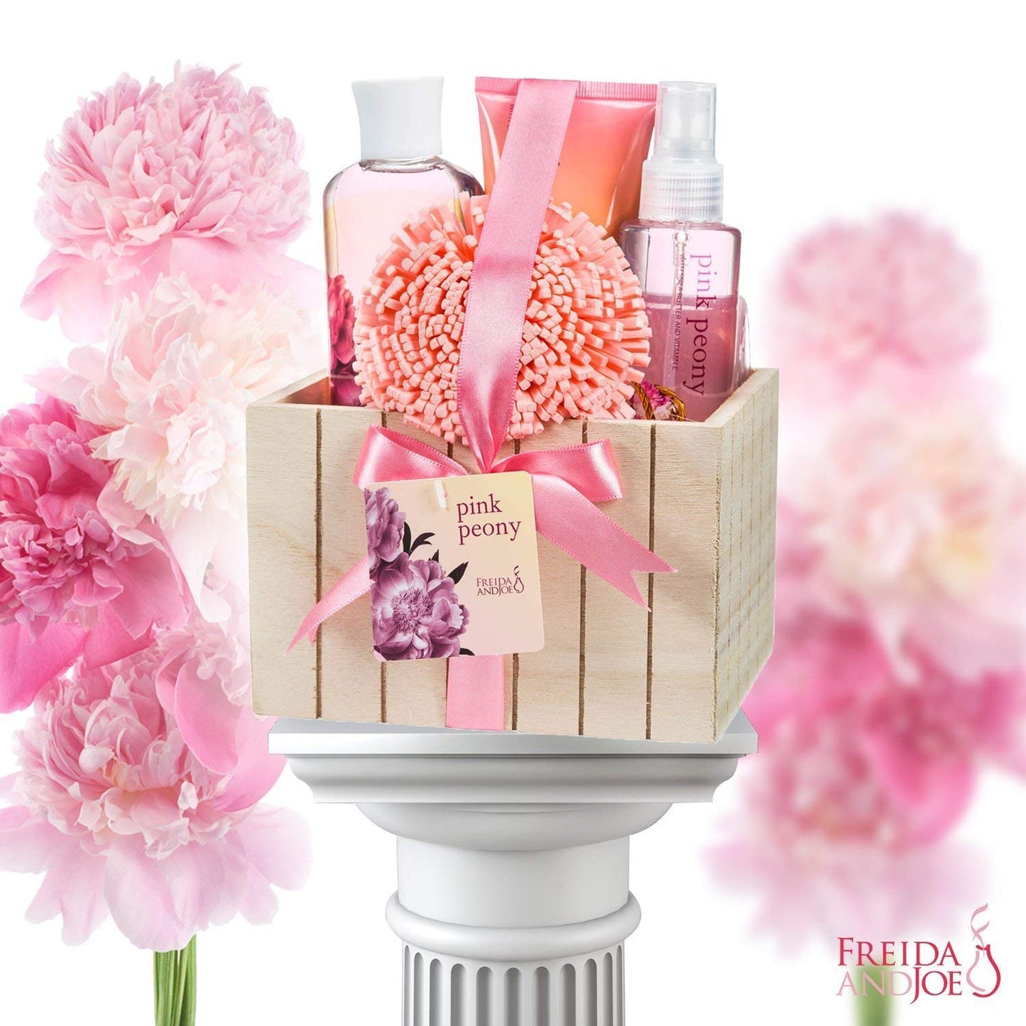 Pink Peony Bathroom Bath Set for Women, Complete Skincare Products in a Natural Wood Plant Box, Body Lotion, Shower Gel, Bubble Bath, Body Spray, Puff