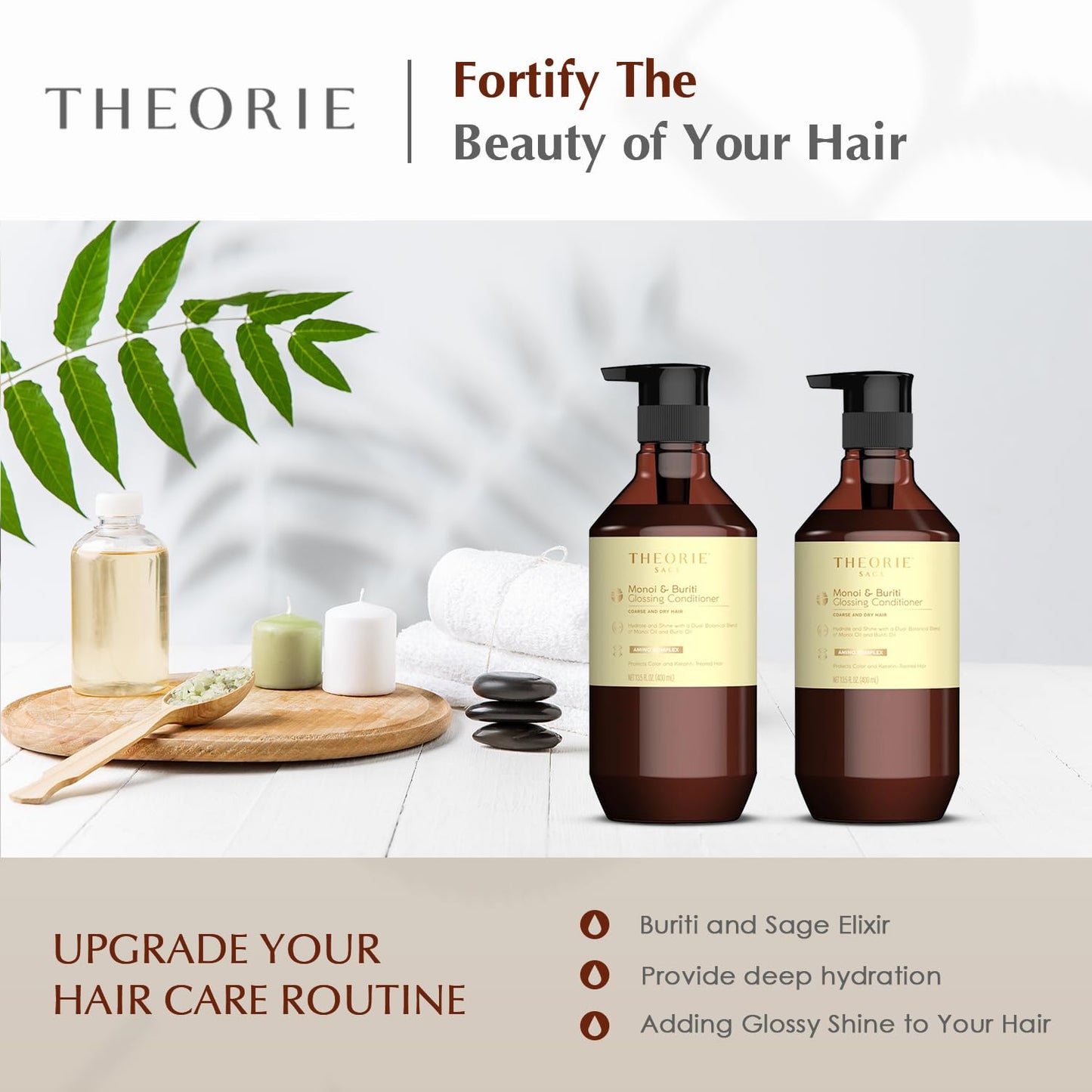 Theorie Monoi and Buriti Glossing Conditioner - Hydrate & Shine - Suited for Coarse and Dry Hair - Protects Color & Keratin Treated Hair, Pump Bottle