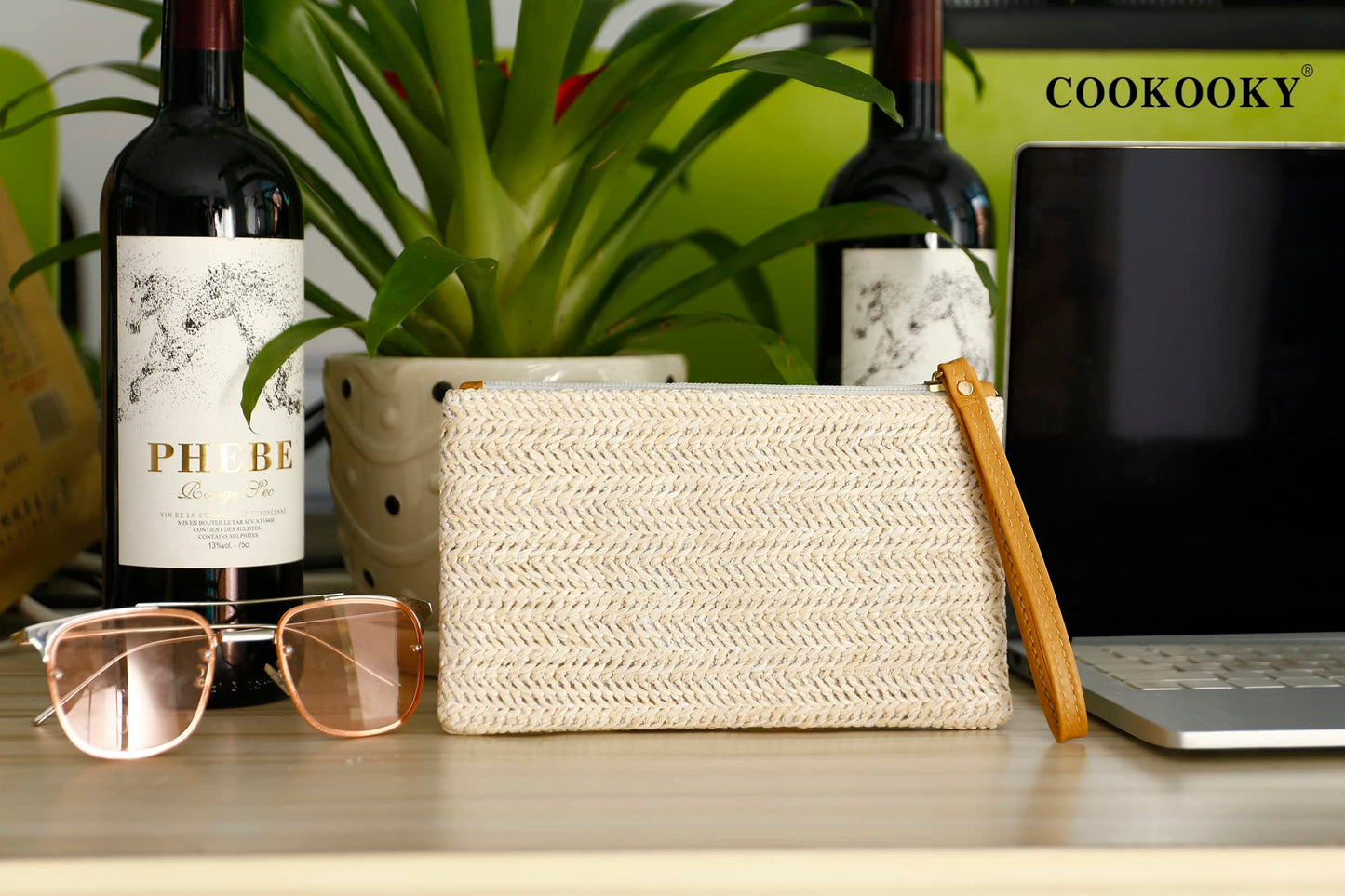 COOKOOKY Women's Straw Clutch Bag Bohemian Zipper Wristlet Summer Beach Sea Purse Wallets (Beige- White)
