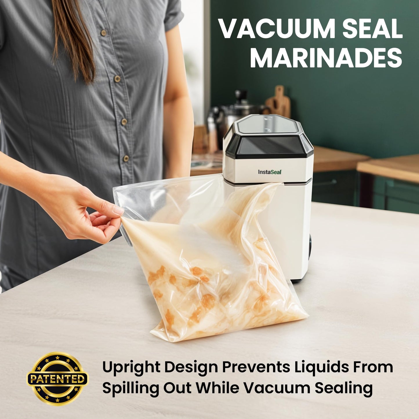 InstaSeal Vacuum Sealer for Food with 12 Bags, Preserves Foods 5x Longer, Space Saving Compact Upright Design Allows Machine to Seal Marinades…