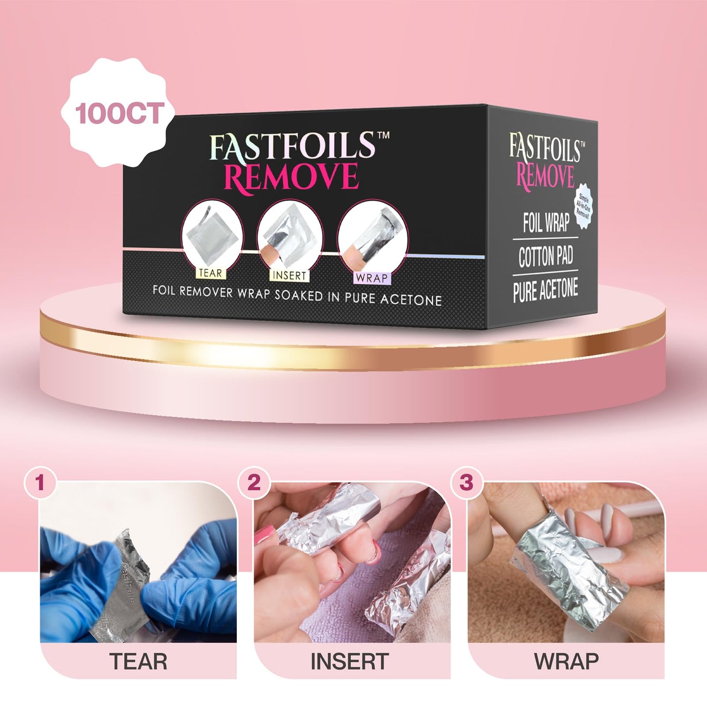 Americanails FastFoils 100 ct, One Step Gel Polish Foil Remover Wraps, All-In-One Foil Remover With Thick Cotton Pad & Pure Acetone, Remove Nail