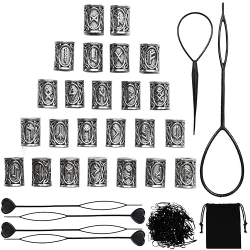 24 PCS Viking Hair Beads Beard Hair Beard Beads 6 PCS Pull Hair Pin Quick Beader 100 PCS Black Rubber Bands and a Bag