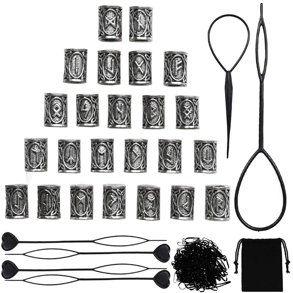 24 PCS Viking Hair Beads Beard Hair Beard Beads 6 PCS Pull Hair Pin Quick Beader 100 PCS Black Rubber Bands and a Bag