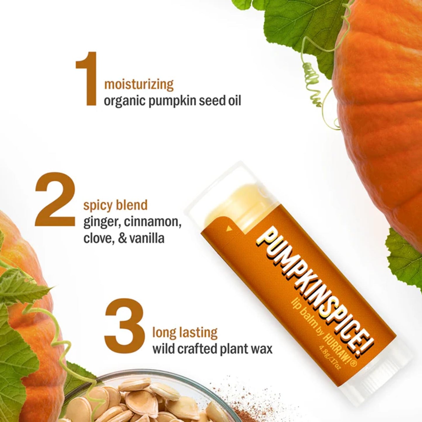 Hurraw! Pumpkin Spice Lip Balm: Organic, Certified Vegan, Cruelty and Gluten Free. Non-GMO, 100% Natural Ingredients. Bee, Shea, Soy and Palm Free.