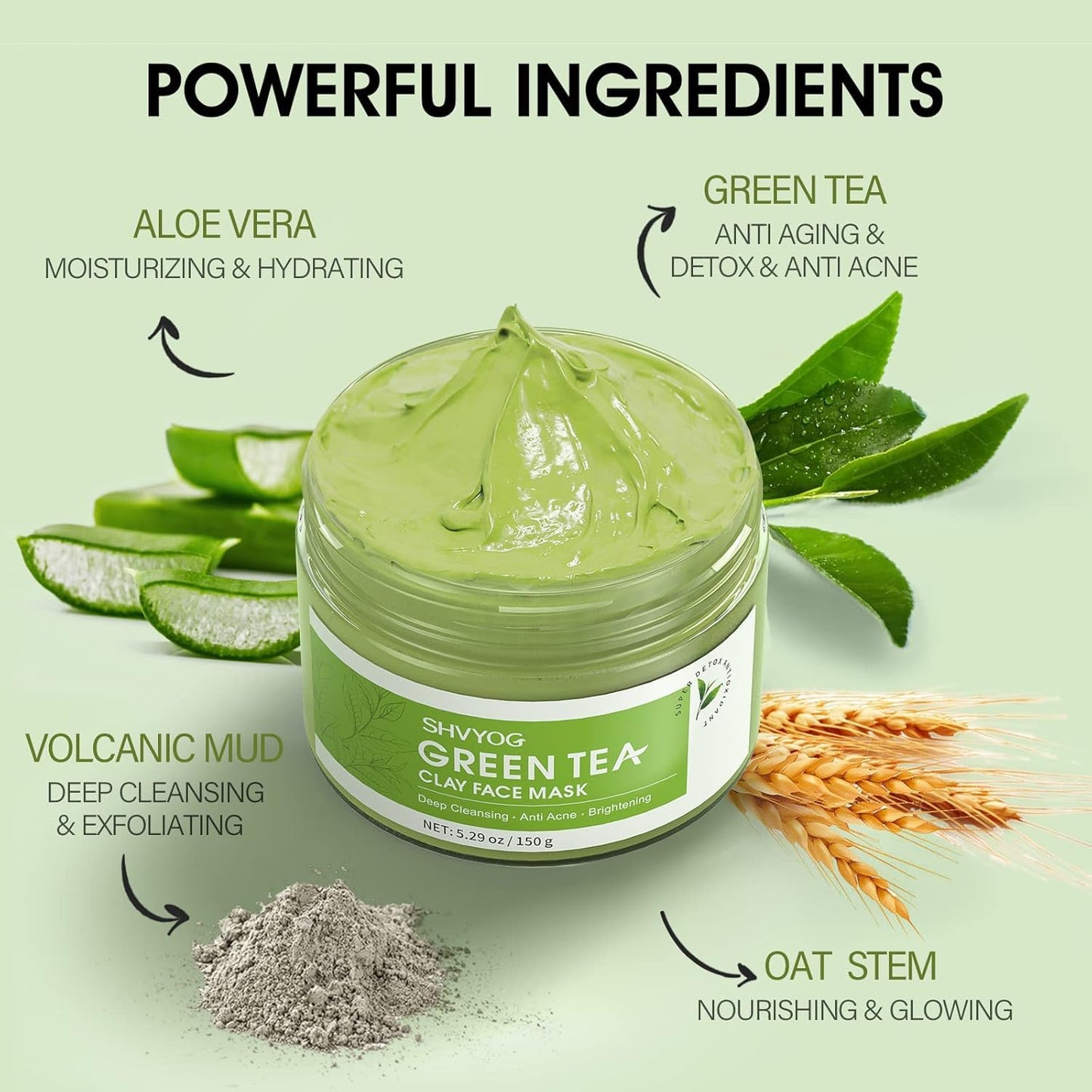 SHVYOG Green Tea Face Mask, Antioxidant Green Tea Clay Mask with Volcanic Mud, Deep Cleansing & Moisturizing & Hydrating Clay Facial Mask for Pores Beauty and Personal Care SHVYOG
