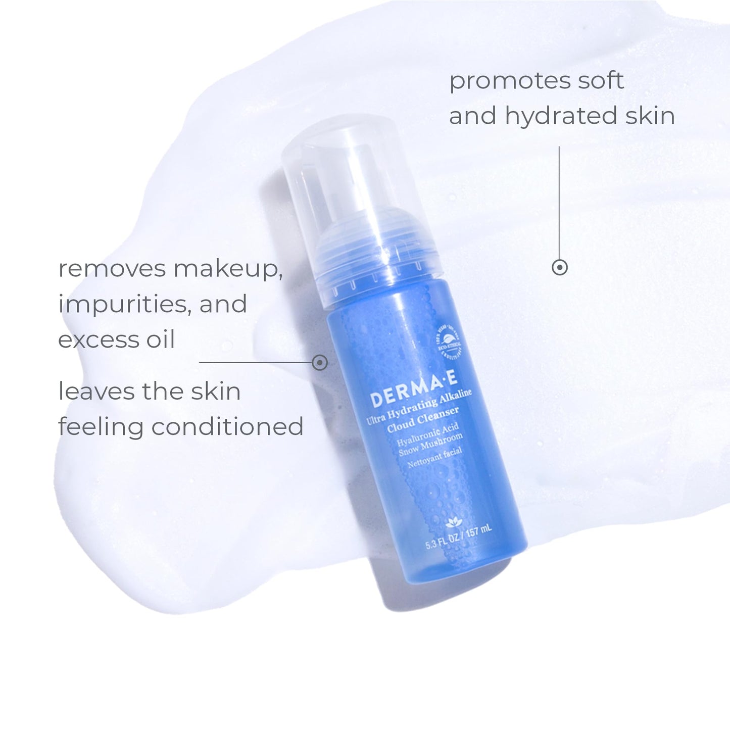 Derma E Ultra Hydrating Alkaline Cloud Cleanser - Gentle Foaming Face Wash with Hyaluronic Acid - Vegan Daily Facial Cleansing, 5.3 Oz