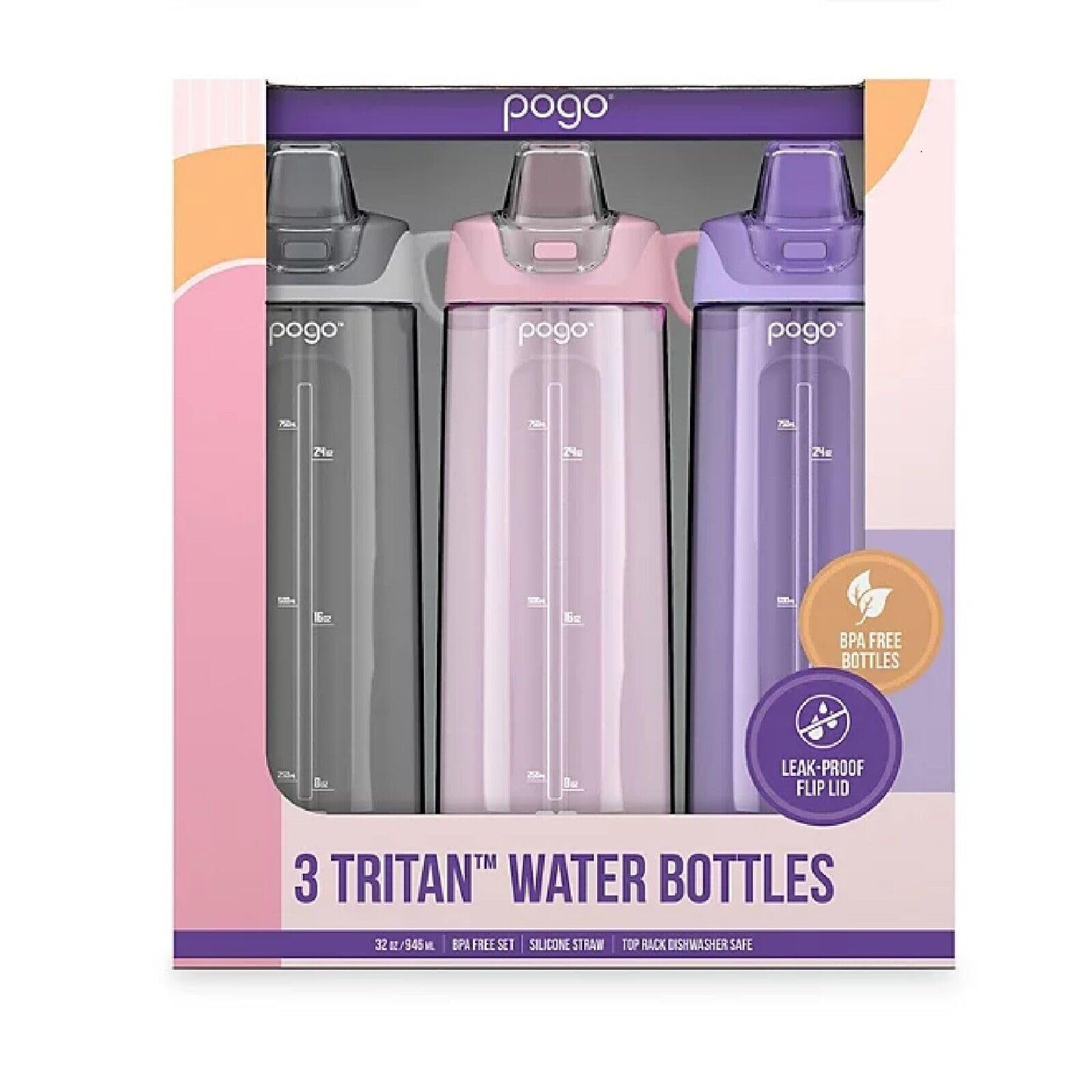 Pogo BPA Free Tritan Water Bottles with Flip Lid and Straw - 32 Ounce, 3 Pack (Lilac, Pink Satin, Gray)