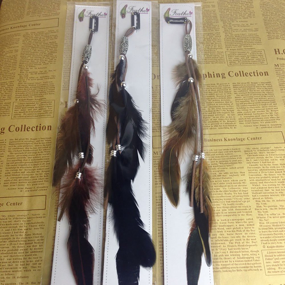 Set of 3 Handmade Boho Hippie Hair Extensions with Feather Clip Comb Headdress Hairpin DIY Accessories for Women Lady