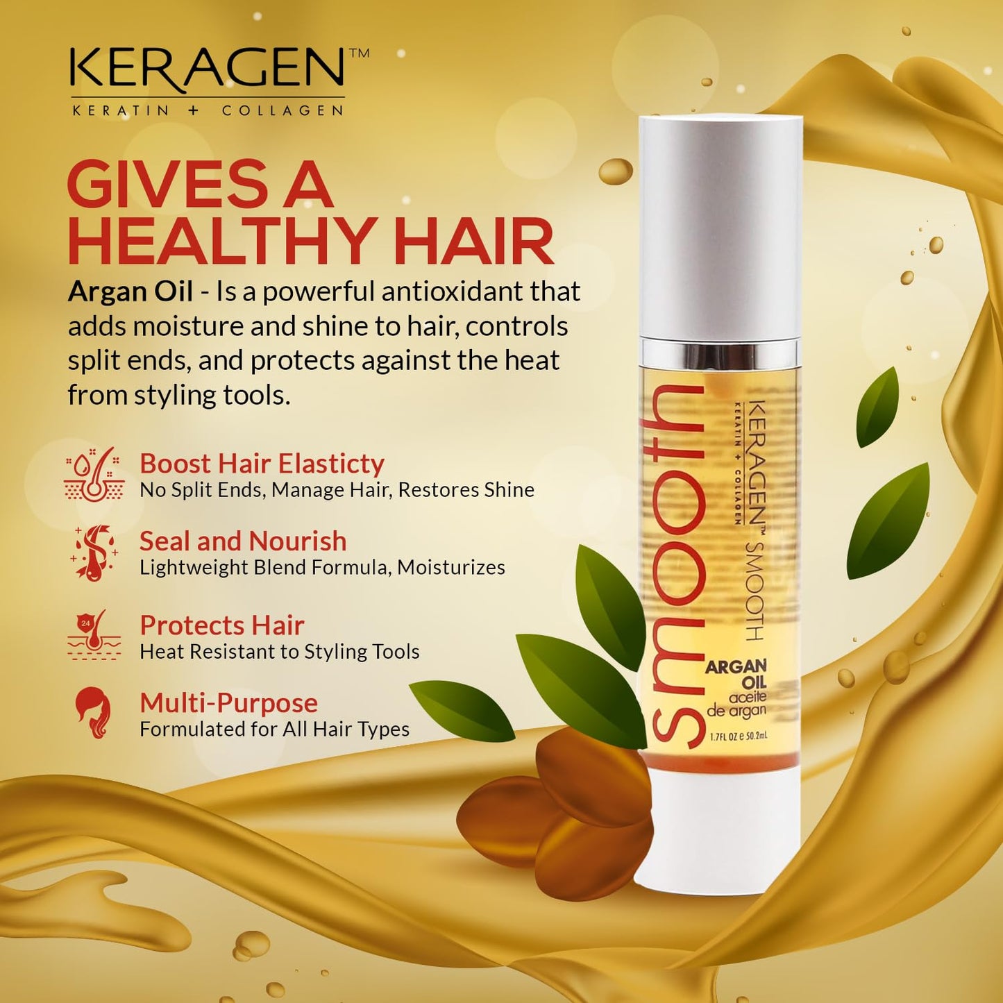 KERAGEN - Nourishing Hair Serum for Dry Damaged Hair - Argan Oil for Hair Treatment - Brilliant Shine, Heat Protection with Paraben, Phthalate