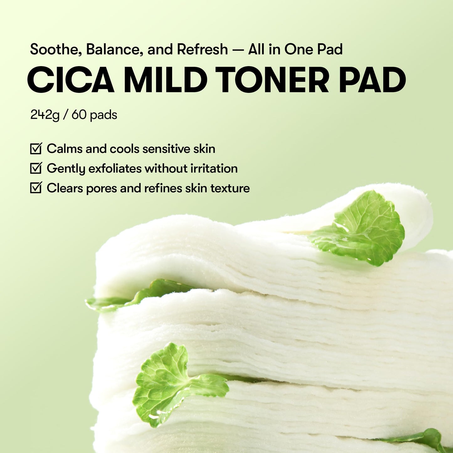 VT COSMETICS CICA Mild Toner Pad (60 Pads) - Exfoliating, Hydrating, Soothing, pH Balancing With BHA, Centella Asiatica Extract, Hyaluronic Acids