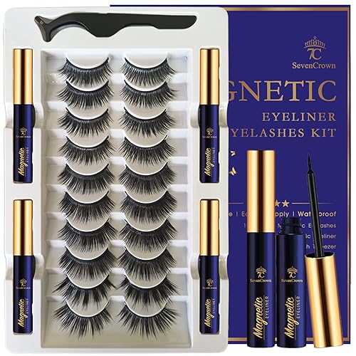 3D Magnetic Eyelashes with Eyeliner Kit - 7C SevenCrown Magnetic Lashes Natural Looking with Upgraded 4 Tubes of Liner Waterproof, Long Lasting,10
