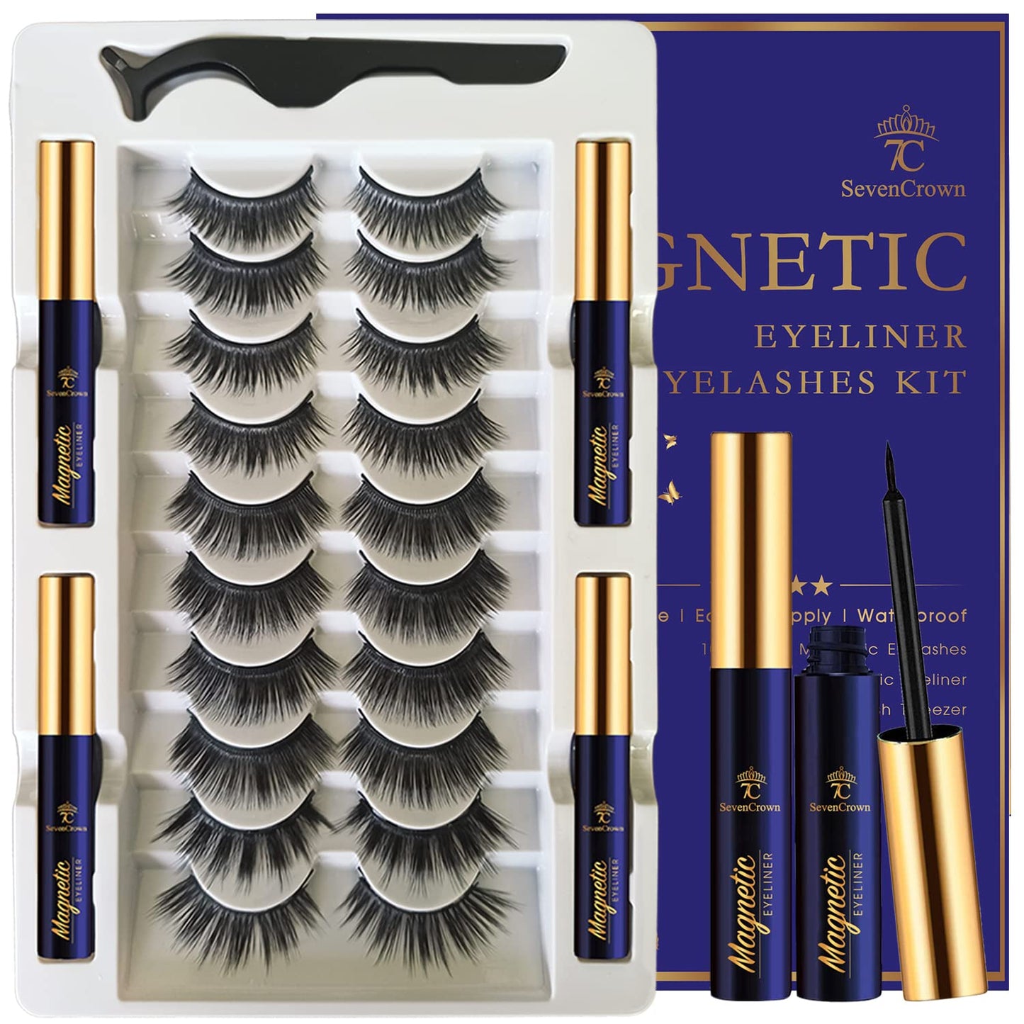 3D Magnetic Eyelashes with Eyeliner Kit - 7C SevenCrown Magnetic Lashes Natural Looking with Upgraded 4 Tubes of Liner Waterproof, Long Lasting,10