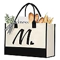 shenee Initial Canvas Tote Bag, Personalized Beach Jute Bag Present for Women Holiday, Friends Birthday Gift, Beach, Wedding (Letter M)