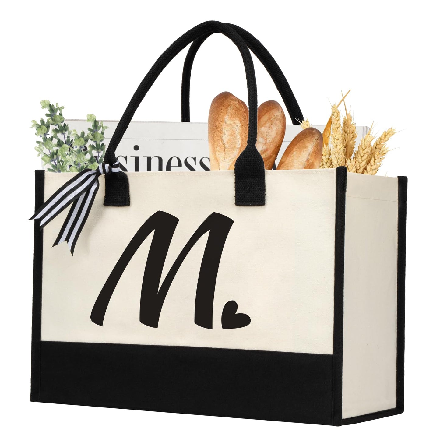 shenee Initial Canvas Tote Bag, Personalized Beach Jute Bag Present for Women Holiday, Friends Birthday Gift, Beach, Wedding (Letter M)