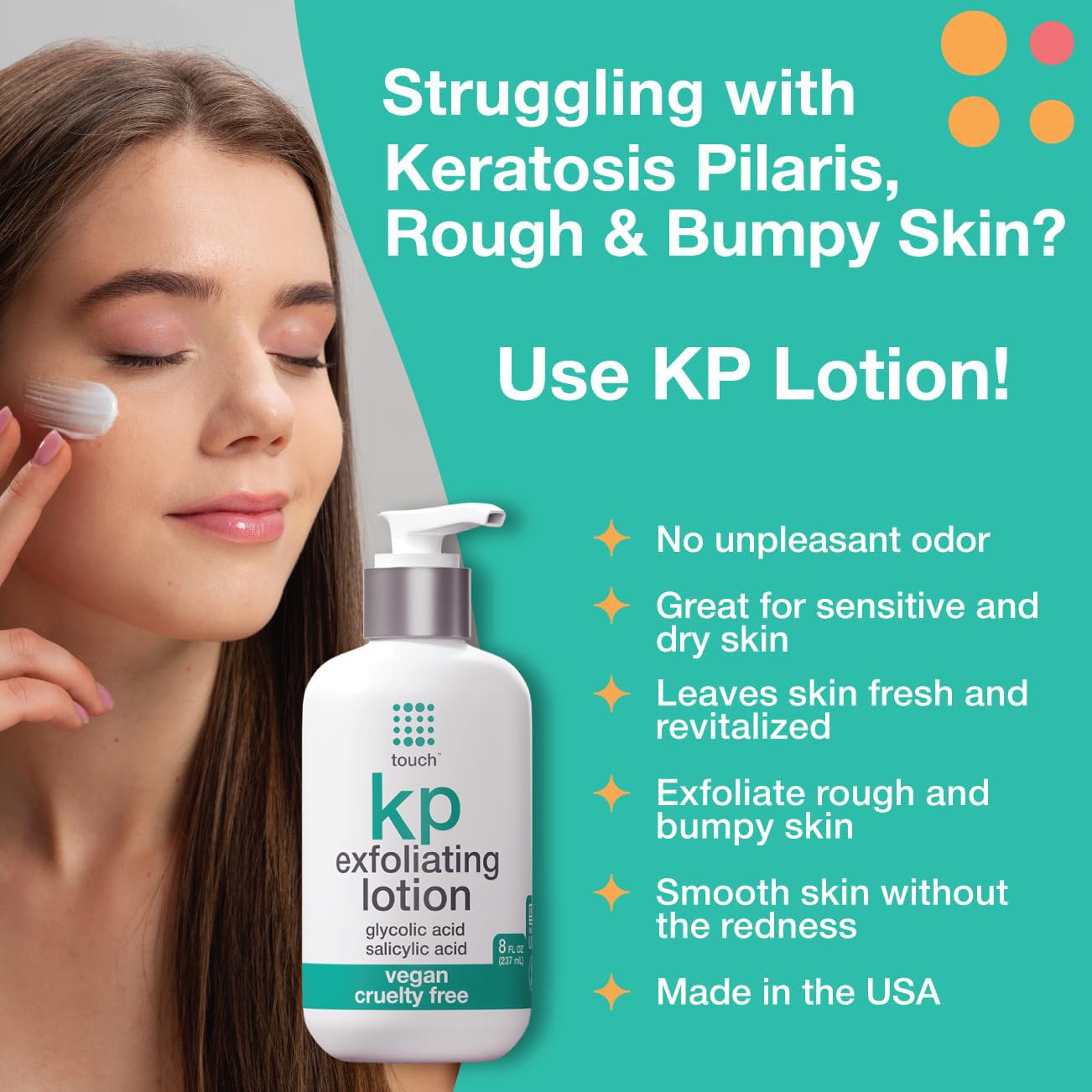 TOUCH Glycolic Acid Lotion for Keratosis Pilaris - KP Exfoliating Body Lotion Moisturizer - for AHA BHA Rough & Bumpy Skin- Gets Rid of Redness