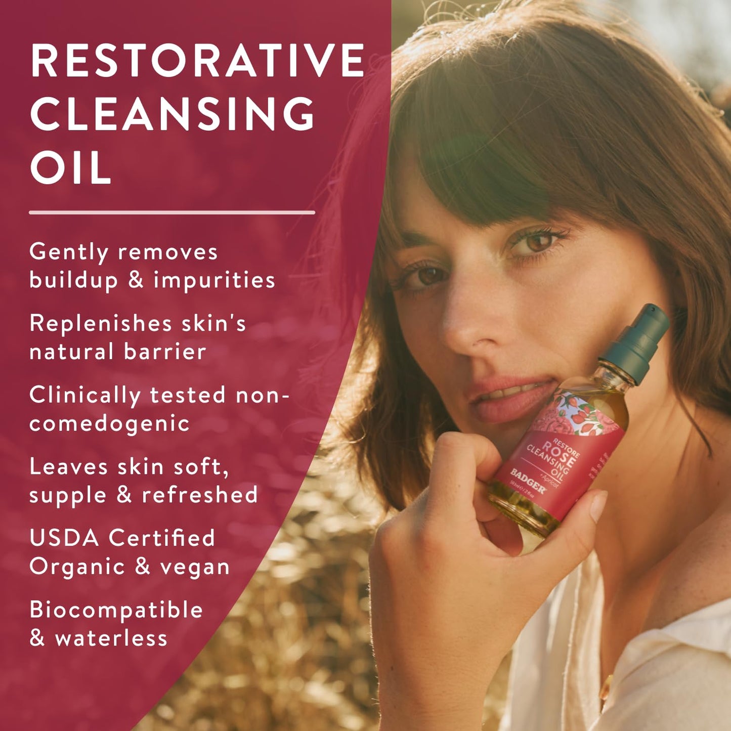 Badger Rose Face Cleansing Oil, Organic Facial Cleanser & Makeup Remover, Non-Greasy Moisturizing Skin Balancing Gentle Face Cleanser w/Pure Rose Oil