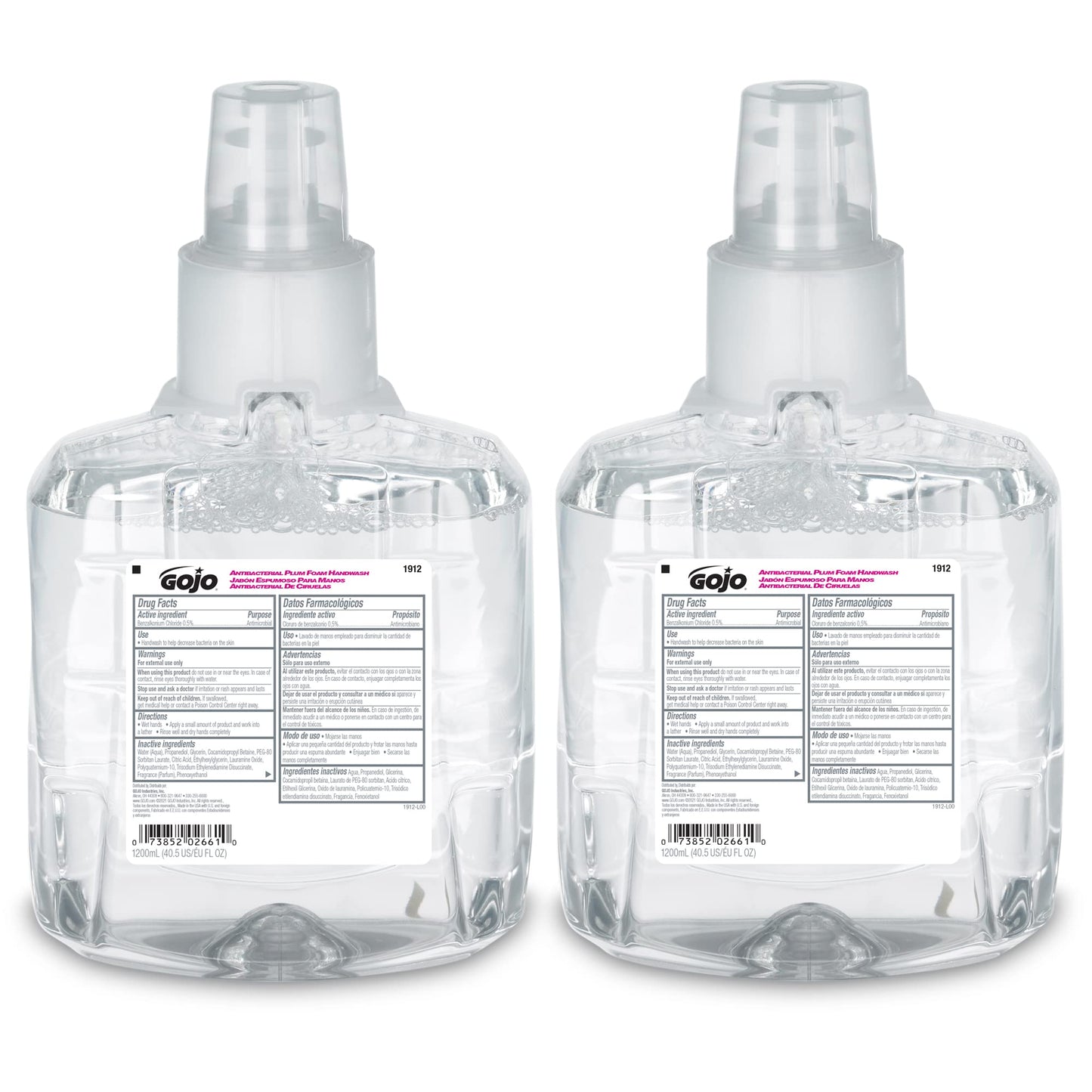 GOJO Antibacterial Foam Handwash, Plum Fragrance, 1200 mL Foam Hand Soap Refill LTX-12 Touch-Free Dispenser (Pack of 2) - 1912-02