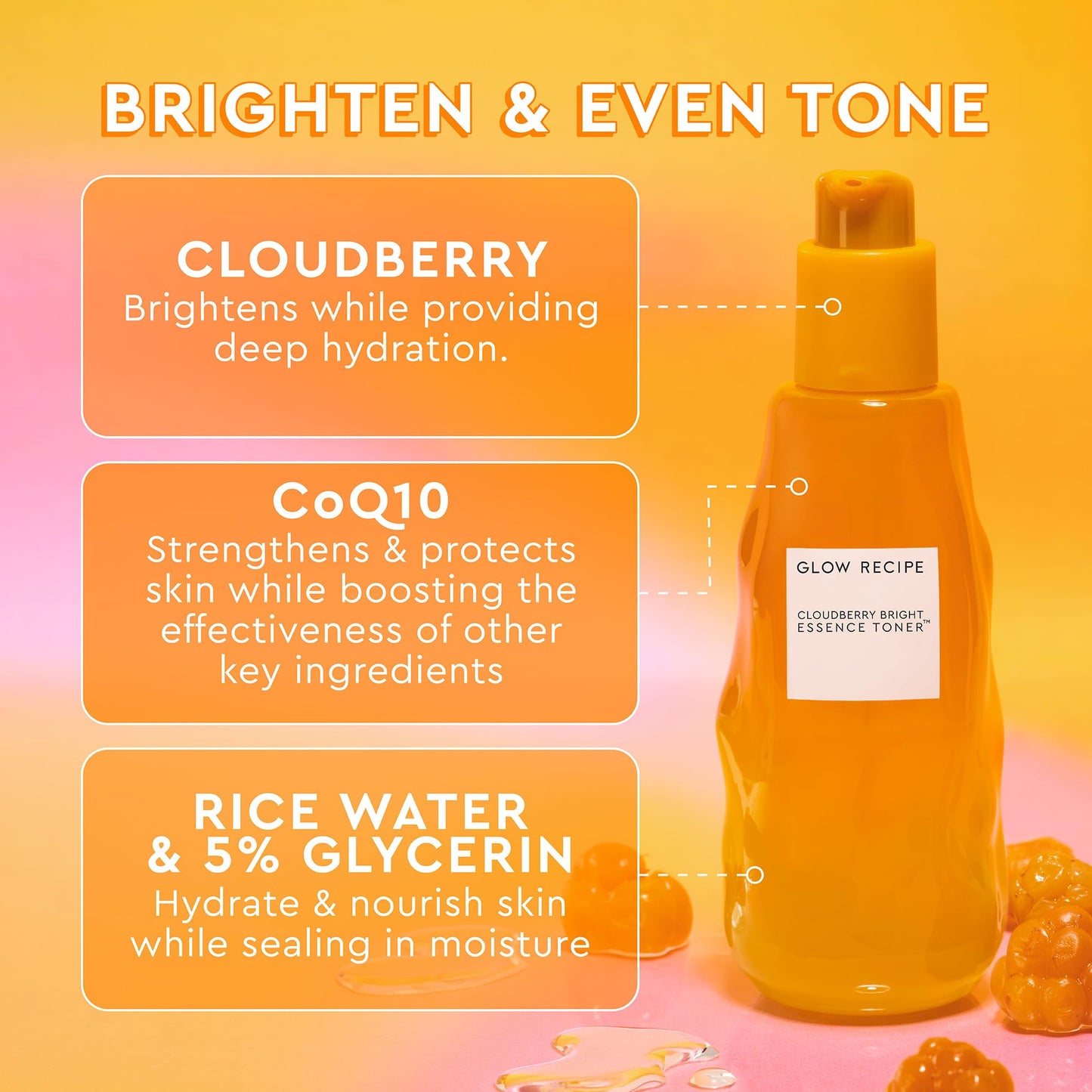 Glow Recipe Cloudberry Brightening Essence Toner, Korean Brightening Essence, Hydrating Rice Water + 5% Glycerin, CoQ10, Vitamin C & E, Barrier