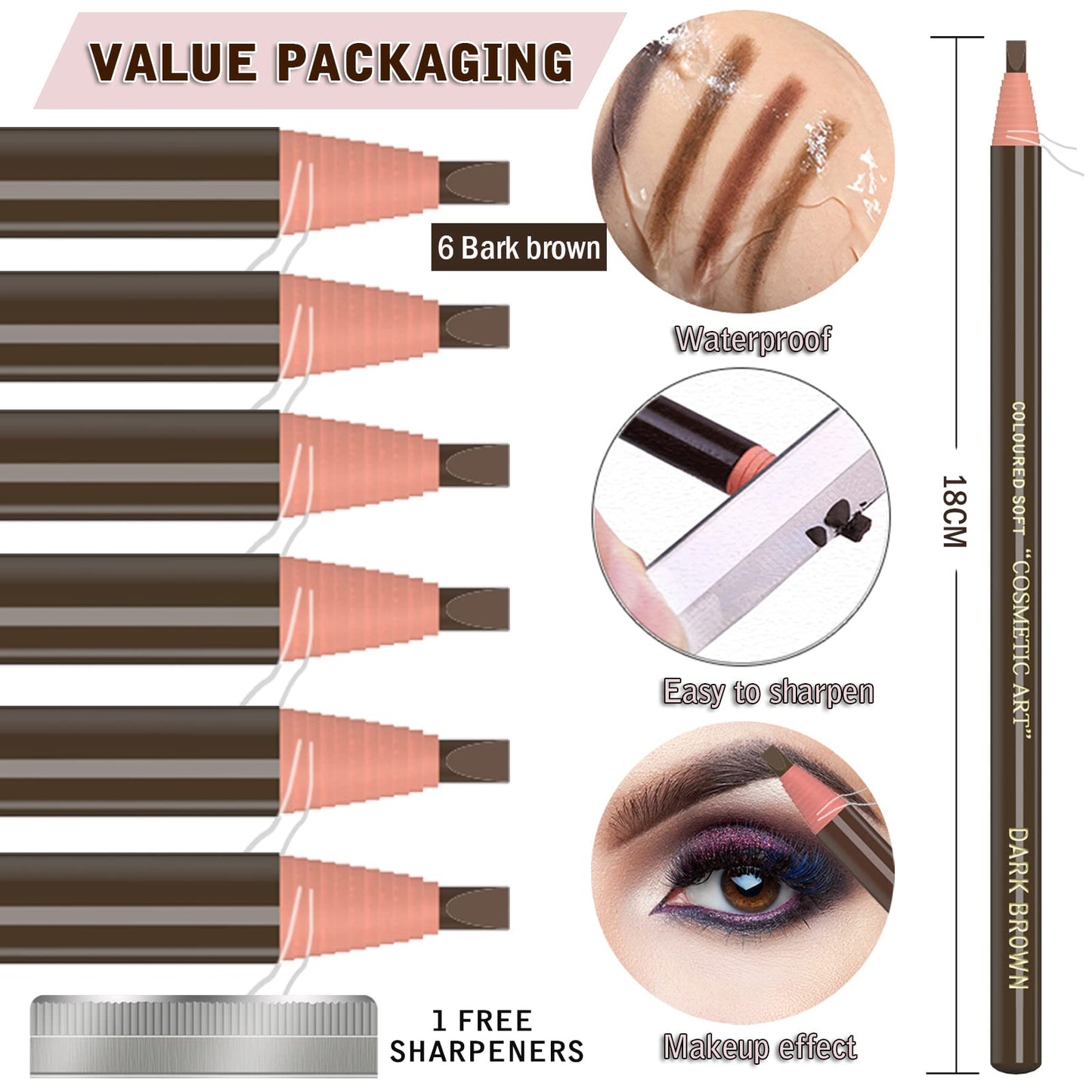6 Piece Dark Brown Waterproof Eyebrows Pencil Tattoo Makeup And Microblading Supplies Kit-Permanent Eye Brow Liners In 5 Colors Waterproof Eyebrow