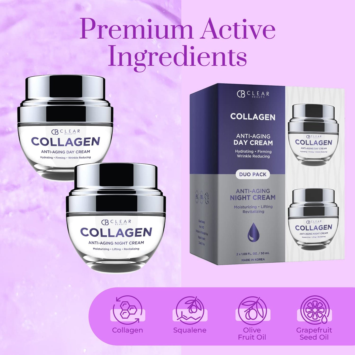 Clear Beauty Collagen Day & Night Face Moisturizer - Dermatologist Tested, Anti Aging Korean Skin Care - Plumping Hydration, Elasticity Support, Silky