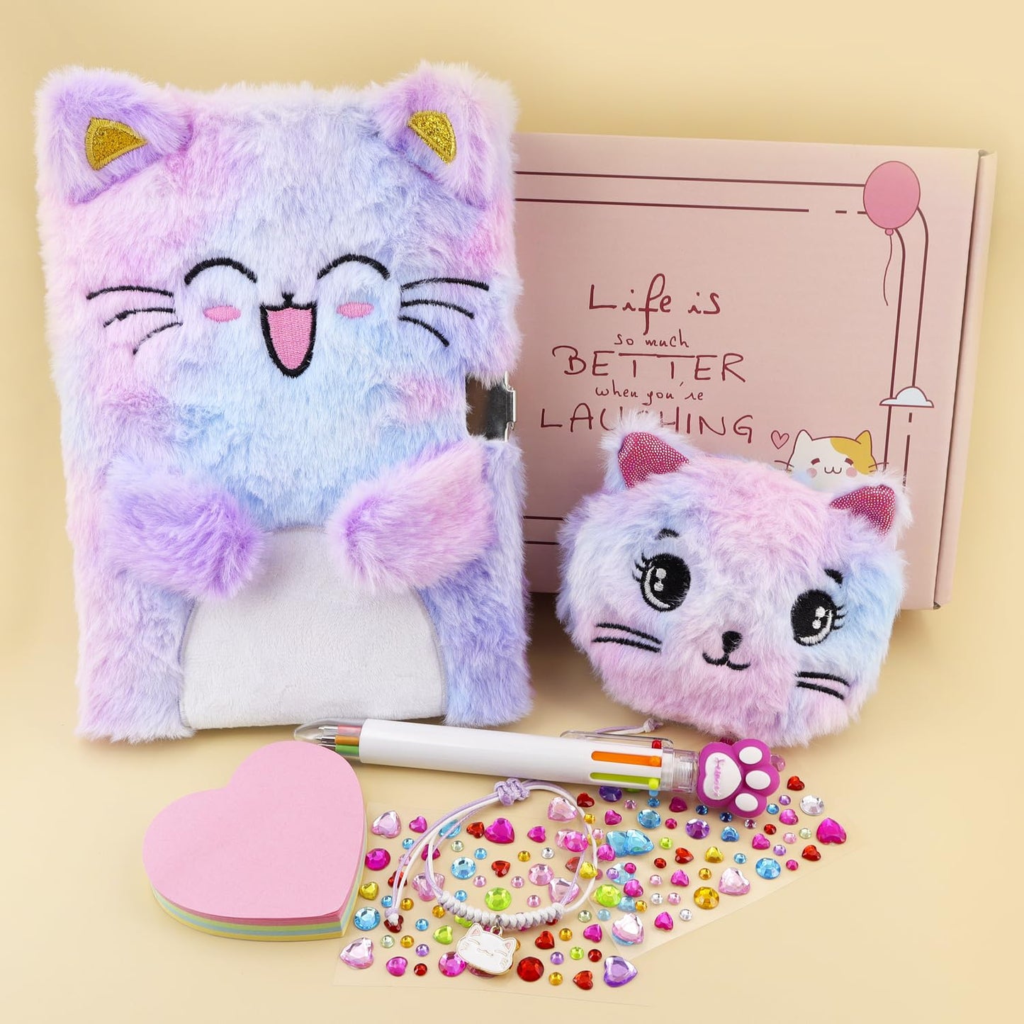 PJDRLLC Cat Diary with Lock – Secret Journal for Girls Ages 6–8, Includes Coin Purse, Pen, Stickers & Post-it Notes, Birthday Gift