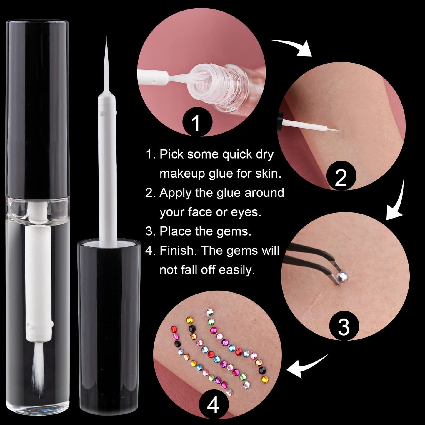 Flat Back Rhinestone Kits Colorful Rhinestones+Crystal AB&Transparent White Face Gems Nail Gem with Quick Dry Makeup Glue+Picker Pencil+Tweezer
